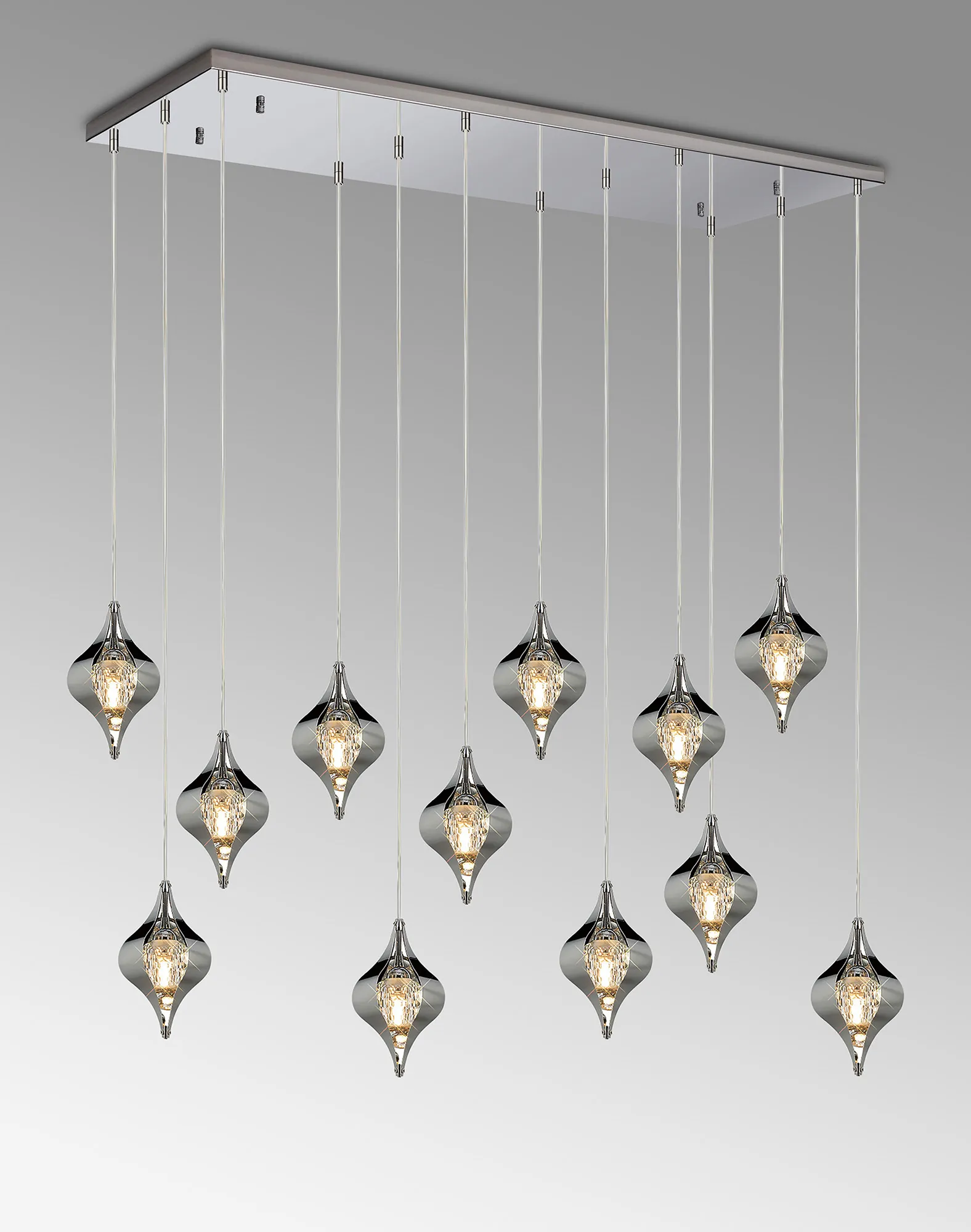 Amano Linear Rectangle Pendant, 12 Light Adjustable G9, Polished Chrome/Crystal IL31861CH  Diyas Amano